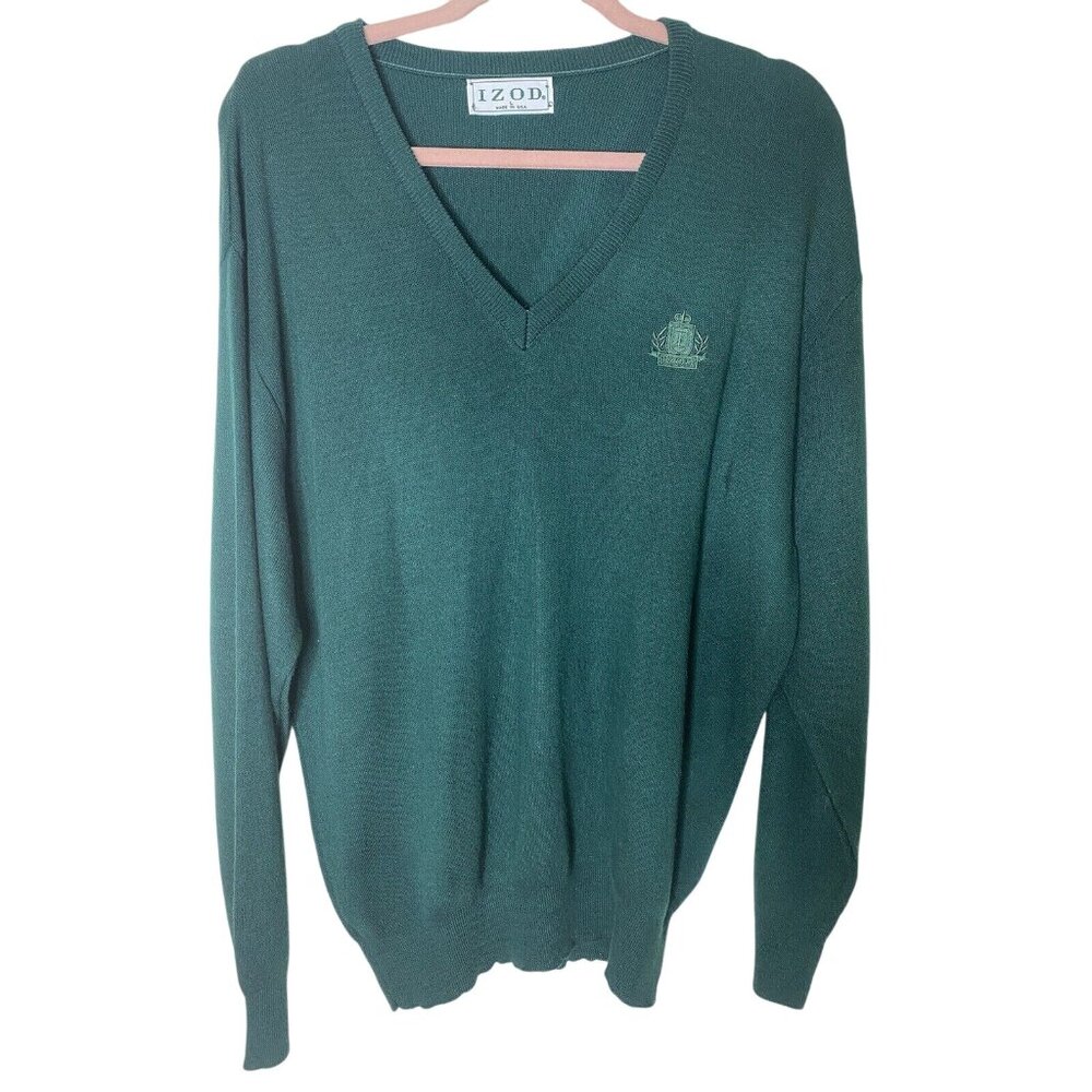 Vintage IZOD Green V-Neck Sweater Men’s L Crest Logo USA Preppy Knit